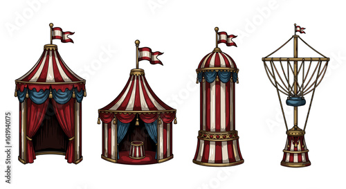 Whimsical collection of vintage circus tents and striped decorations.