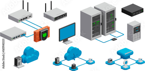 Network Infrastructure Illustration Representing Data Communication and Security Across Different Platforms and Servers