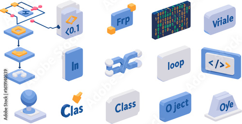 Isometric illustration displaying programming elements, representing complex data structures and coding concepts for developers