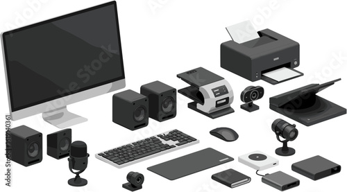 Isometric view of office equipment ready for digital work and creative design