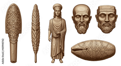 Ancient stone statues and art, depicting historical figures of old