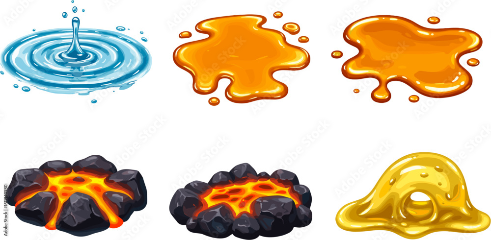 Illustration displaying water, honey, lava, and slime textures with stylized appearance, isolated