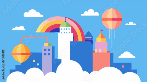 City in the Clouds An imaginative depiction of a city where skyscrapers are made of fluffy clouds. Hot air balloons shaped like food items float by and rainbowcolored bridges