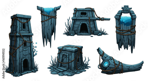 Blue stone structures in various styles, fantasy elements, mysterious feel