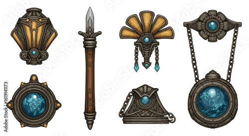 Ornate magical amulets and jewelry design, fantasy elements