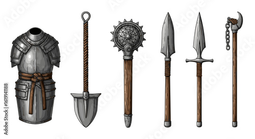 Medieval weaponry assortment, fantasy equipment for warriors and adventurers