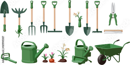 Array of essential green gardening tools ready for spring planting projects in the garden