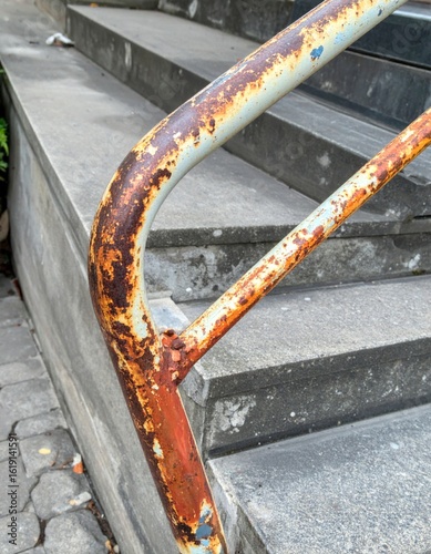Rusty Metal Handrail on Concrete Steps with Weathered Paint in an Outdoor Urban Setting