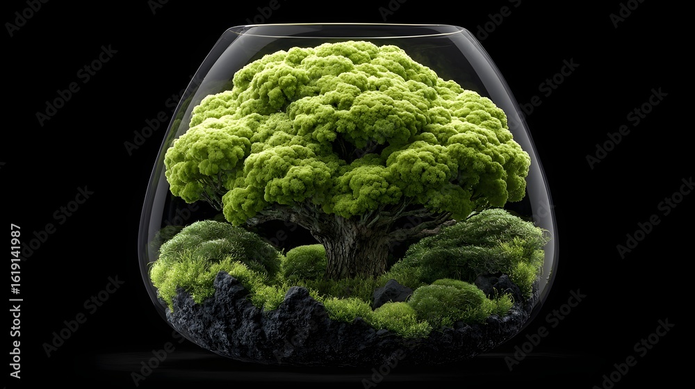 Obraz premium Detailed miniature moss terrarium, with a lush green tree.