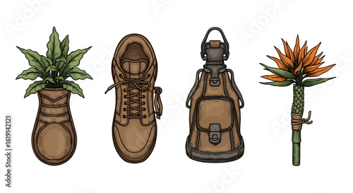 Rustic objects transformed: vase, planter, bag, and bouquet illustration