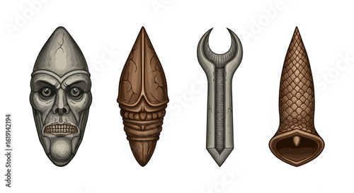 Mystical artifact collection displaying strange and captivating digital artistic design