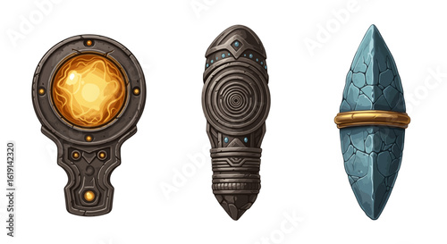 Fantasy stone amulets, power stones and magical artifacts illustration