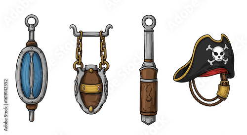 Pirate themed objects in cartoon style on a white background.