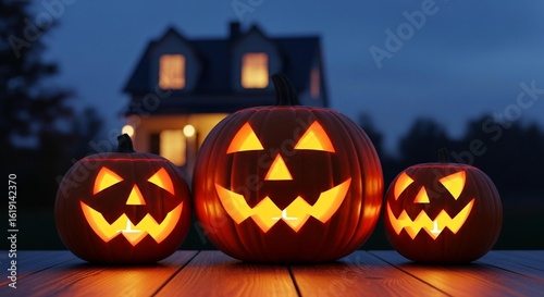 Photo of three glowing jackolanterns sit on a wooden table in front of a house at night during halloween