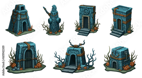 Ancient underwater structures and ruins covered with marine life.