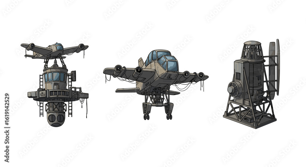 Fototapeta premium Futuristic aircraft collection, various designs against a white background.