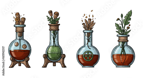 Magical potion bottles with fantastical ingredients for witchcraft practices.