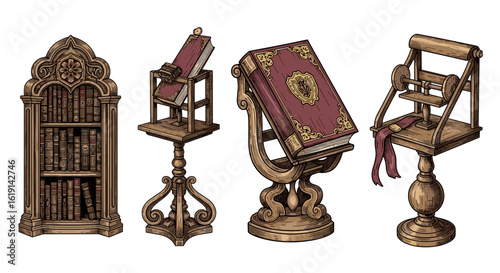 Ornate antique bookshelves and book stands set against white backdrop