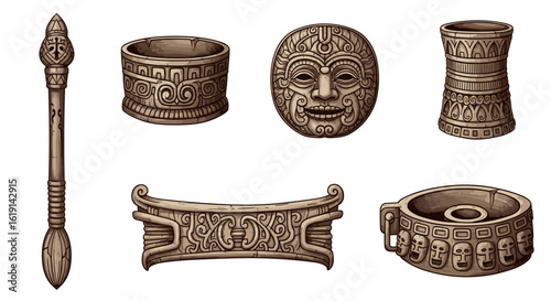 Ancient carved stone artifacts arrangement isolated on white background