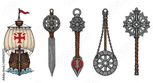 Medieval Sailing Ship and Weapons: A Detailed Line Art Illustration