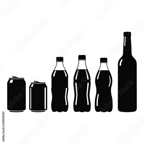Vector art of a collection of various soda and beverage containers including cans and bottles in silhouette