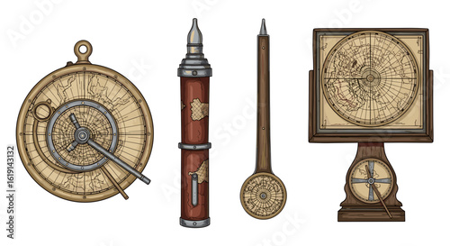 Antique navigational instruments for astronomy and exploration are lined up.