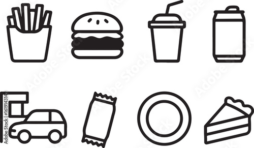 A vector illustration of fast food icons isolated on white background, including french fries, burger, drink, and more