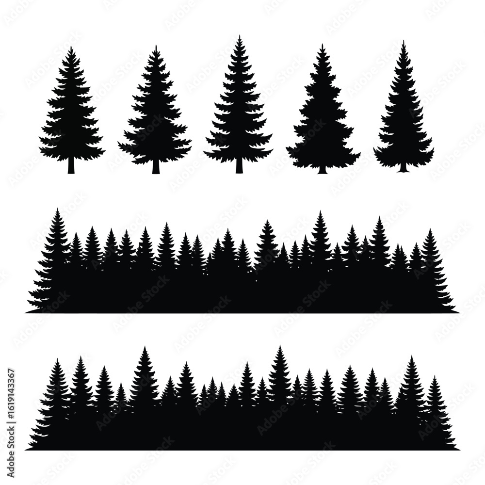 Obraz premium Vector art of a collection of evergreen tree silhouettes creating a dense forest landscape design element