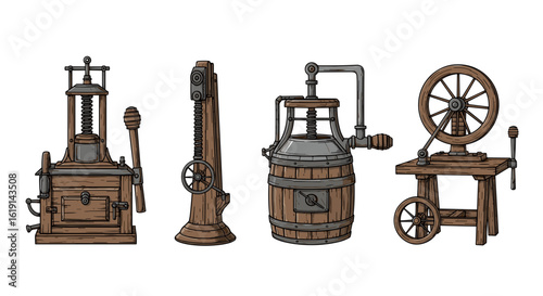 Vintage Machines: Antique Industrial Tools Collection on White Background