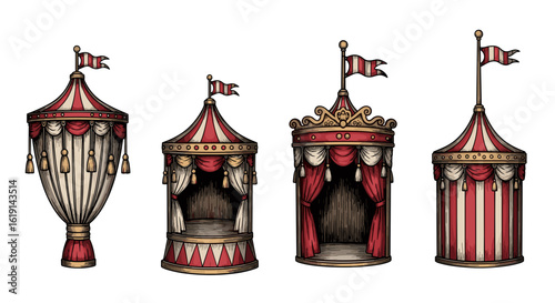 Vintage Circus Tents in Red and White, Hand-Drawn Style