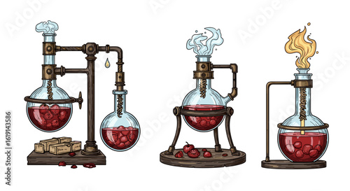 Alchemical vessels of transformation, illustration, laboratory apparatus, red potion