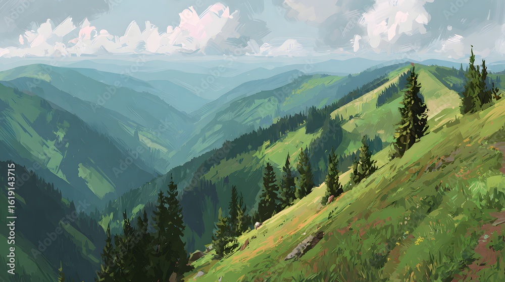 Fototapeta premium Lush green valley nestled amongst rolling hills.