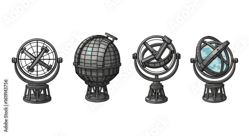 Ornate steampunk globes, navigational instruments isolated on a white background
