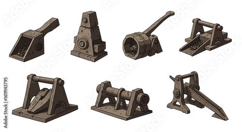 Stone Age inventions: Ancient engineering for resource processing on white background