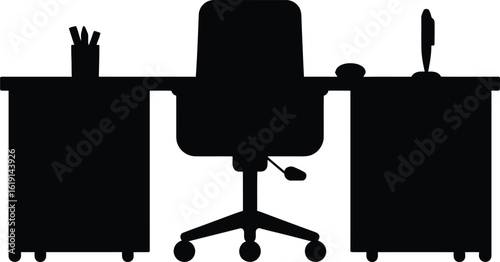 Silhouette of a modern office desk with chair and office supplies