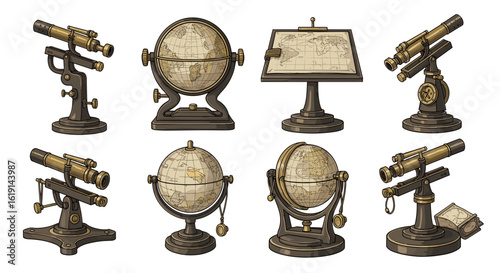 Antique scientific instruments: telescopes, globes and map projection tool