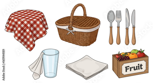 Picnic essentials arrangement: basket, fruits, blanket, glass, utensils illustration.