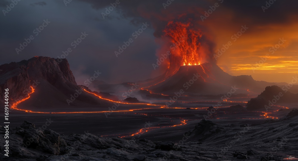 Fototapeta premium Volcanic Eruption Landscape at Sunset Fiery Lava Flows and Dramatic Sky