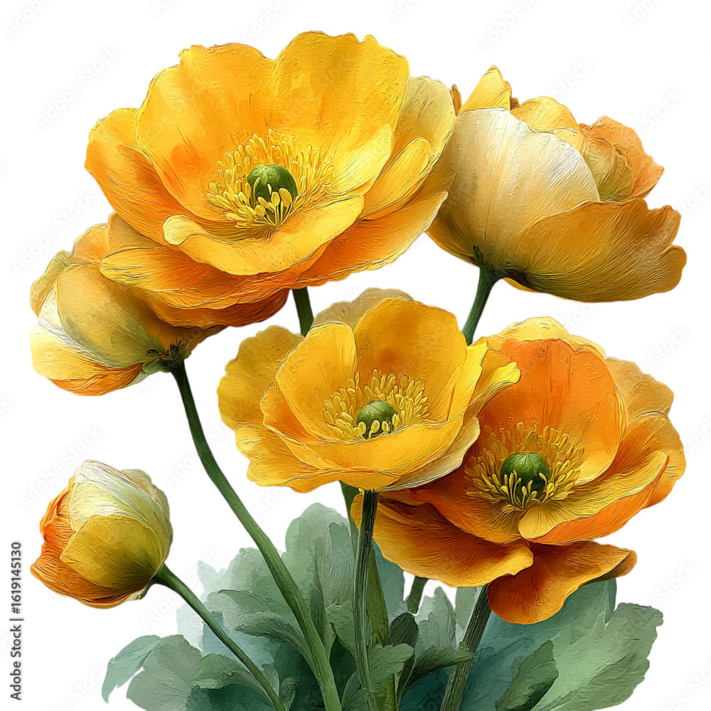 Naklejka premium A watercolor painting of several yellow poppies with green stems and leaves isolated on transparent background