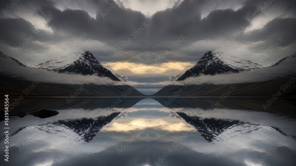 Fototapeta premium Symmetrical snow-capped mountain peaks mirrored in still water under dramatic sky