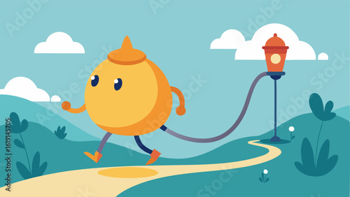 Adventurous Glow A whimsical cartoon lamp with a bulbous shade and friendly features strolls through a stylized landscape. The lamps cheerful light flickers as it walks