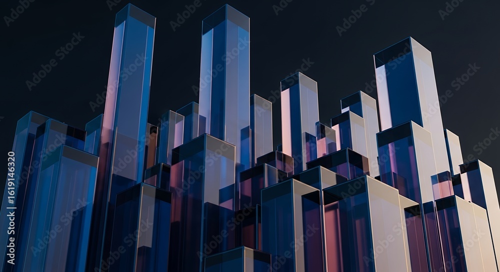 Naklejka premium Abstract Transparent Glass Pillars with Blue and Purple Reflections and Shadows Modern Archite