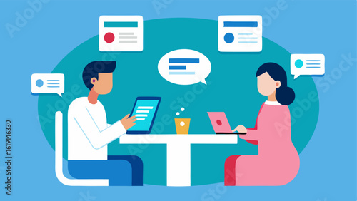 Discussion Over a Table The doctor and patient sitting at a round table with digital notepads discussing various treatment options shown in floating infographics.