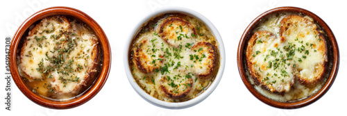 Set of French onion soup with melted cheese and herbs in bowl top view isolated on a transparent background
