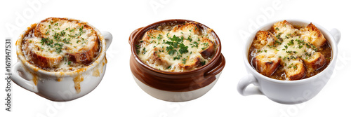 Set of French onion soup with melted cheese and herbs in a bowl isolated on a transparent background