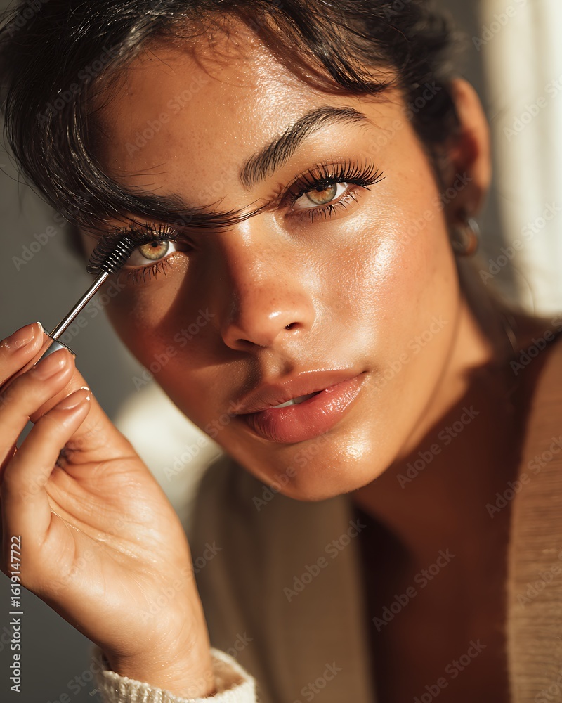 Obraz premium Latin woman close-up holding false lash applicator near eye. One eye shows before, the other after application. Lifestyle scene with minimal background.