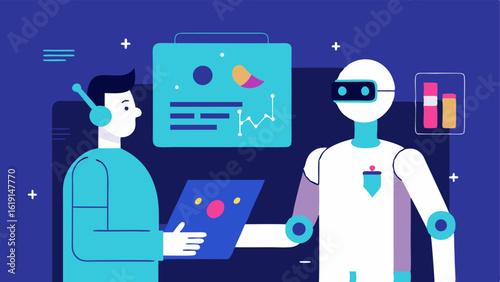 AI and Wellness A futuristic AI robot assisting a doctor in analyzing health data on a touchscreen with graphs and wellness metrics being generated.