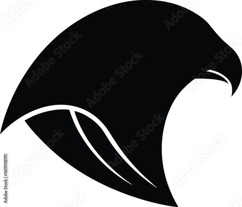 Black silhouette of a hawk head with sharp beak and curved lines falcon eagle