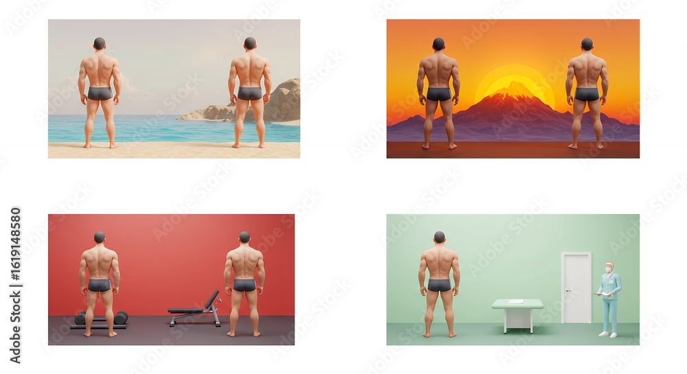 Fototapeta premium Multiple images of man back view different settings