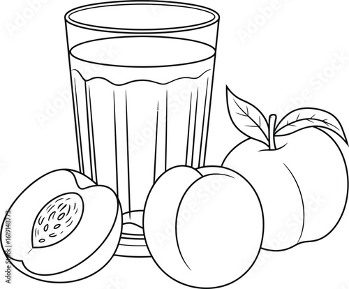 Glass of peach juice with fresh peaches and slice